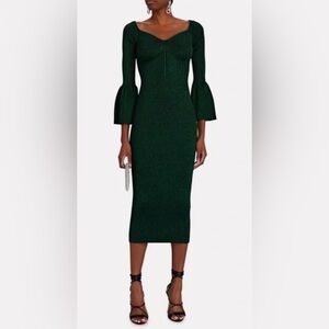 Self Portrait Deep Emerald Green Metallic Bodycon Midi Dress Bell Sleeves Medium